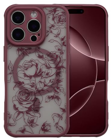 XIZYO Matt Magnetisch Hülle für iPhone 14 Pro Max, Zweig Rose/Wein Rot | Niedlich Transluzent Rose Blume Muster, Ästhetisch Floral Luxus Mädchen Design, Stoßfest Anti-Gelb,Weiche TPU,Schlanke Dünne