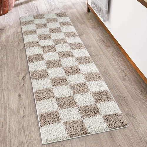 Chester Checkered Soft Shaggy Hallway Runner Rug, Beige, 60x220cm