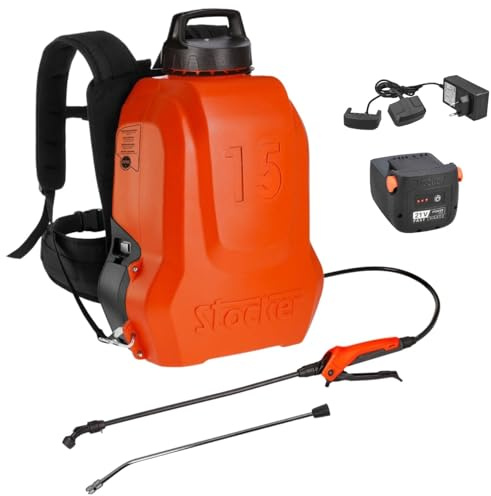 STOCKER - Kit Pompa Elettrica Zaino 15L 21V con Batteria Fast Charge 2,6Ah e Caricabatterie Doppio 21V – Pompa a Pressione Regolabile ergonomica per Trattamenti Piante