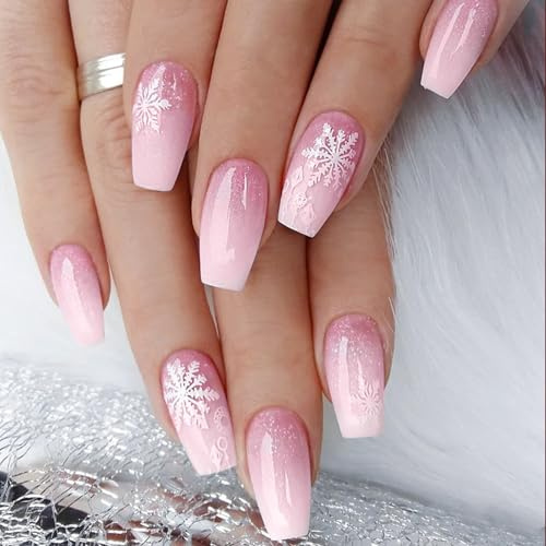 24 Stick On Nails, Long Coffin False Nails, Pink Ombre Snowflake Glitter | Includes Jelly Adhesive Tabs, Coordinated Motif Placement, For At-Home Manicures And Seasonal Winter Gatherings
