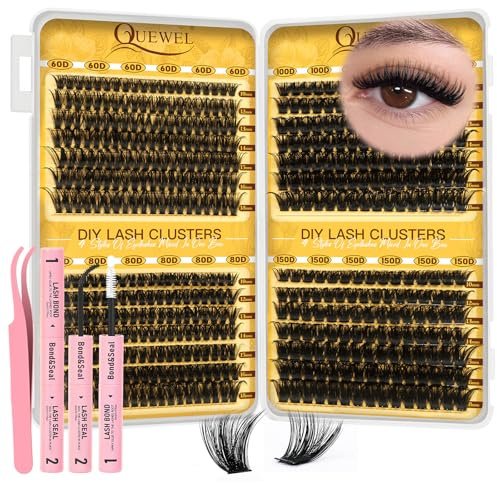 QUEWEL Individual Eyelashes Kit 497PCS Cluster Lashes with Lash Glue | with Lash Tweezer, D Curve Eyelash Extensions Kit Mixed 10-18mm Natural Look for Beginners for Women(Lash kit-4 styles)