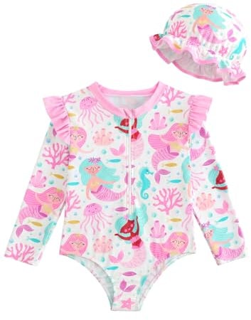 JiAmy Maillot de bain à manches longues pour bébé fille avec chapeau de soleil Protection UV Maillot de bain une pièce avec fermeture éclair, Sirène., 1-2 ans
