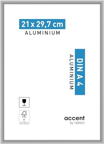 accent by nielsen Bilderrahmen, 21 x 29,7 cm (A4), Aluminium, Silber matt, Dokumentenrahmen zum Aufhängen im Hoch- & Querformat, Echtglas, Accent