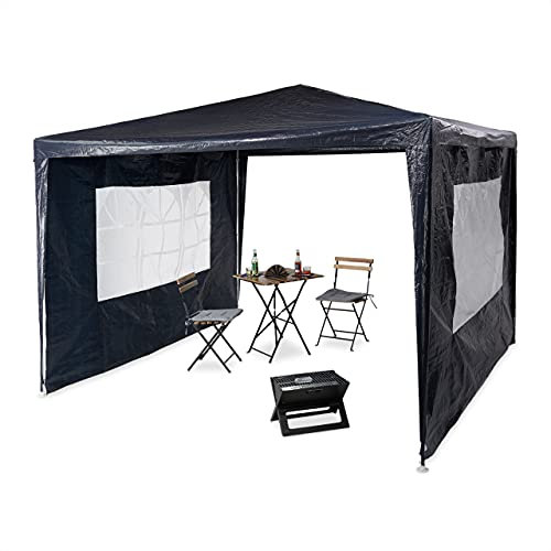 Relaxdays Pavilion 3x3 m, 2 partes laterales, estructura de metal, lona PE, ventana, carpa de fiesta del festival, cerrado, azul