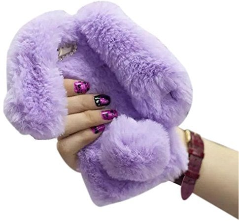 Shinetop iPhone 5S SE Case Cute, Bling Diamond Soft Warm Faux Fluffy Rabbit Fur Case Cover Winter Handmade Bunny Hair Plush with Crystal Bowknot Protective Case for iPhone 5 5S SE - Light Purple
