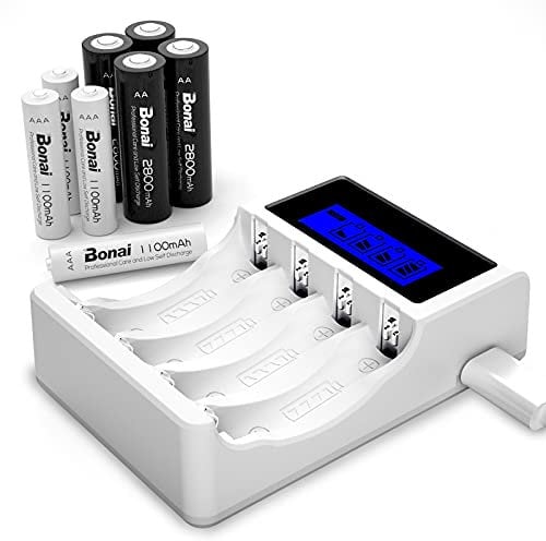 BONAI Chargeur de Piles Rechargeables AA/AAA, LCD 4 Slots Chargeur de Piles Rechargeables Rapide avec 4 Piles Rechargeables AA 2800mAh Ni-MH et 4 Piles Rechargeables AAA 1100mAh