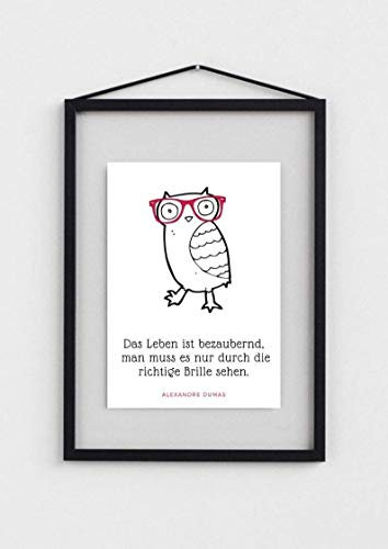 Din A4 Kunstdruck ohne Rahmen - Spruch - Das Leben ist bezaubernd - Süße Eule mit rosaroter Brille, Lachen, Motivation, Druck, Poster, Bild