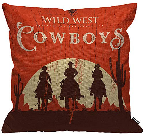 HGOD DESIGNS Kissenbezug Cowboy Vintage Westlich Cowboys Reiten Pferde Holz Vorzeichen Ländlich Ranch Wüste Sonnenuntergang Kissenhülle Haus Dekorativ Wohnzimmer Schlafzimmer Kissenbezüge 45X45cm