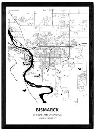 Nacnic Poster mit Karte von Bismarck - USA. Blätter von US-Städte mit Meeren und Flüssen in schwarz und weiß. A3