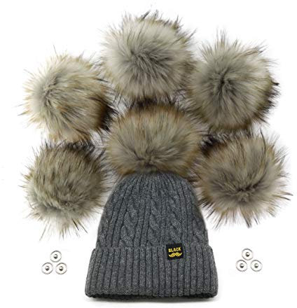 Furryvalley Kunstfell-Bommel, flauschige Bälle für Hüte, Schuhe, Schals mit Druckknopfverschluss, abnehmbares Strickmützen-Zubehör, 15,2 cm, extra groß (grau-braune Spitze), 6 Stück