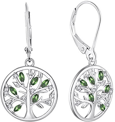 JO WISDOM Boucles d'oreilles Arbre de vie en Argent 925/1000 Dormeuse pour Femme avec 3A Oxyde de Zirconium Pierre de naissance de mai Couleur émeraude