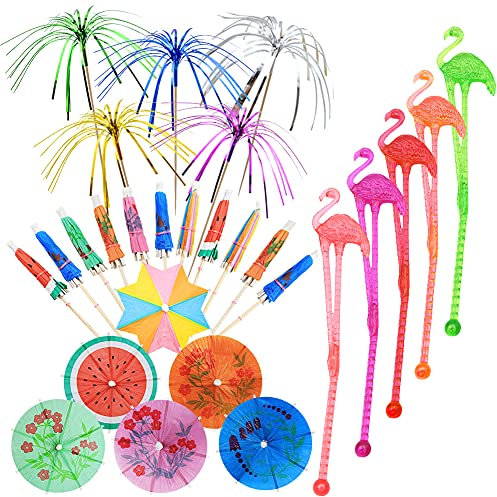 Cocktail Accessories for Drink,60 Pcs Paper Umbrella 20 Foil Fireworks and 20 Flamingo Swizzle Drink Sticks,Cocktail Decorations for Birthday Hawaiian Summer Beach Party Pub Bar Drink Supplies
