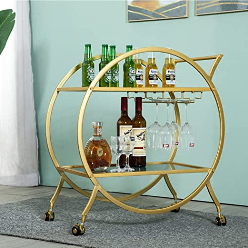 HEONITURE Runder Goldbarwagen 2 verspiegelte Regale Bar Servierwagen mit Rollen und Glashalter, mobiler Weinwagen für Zuhause/Küche/Club/Wohnzimmer