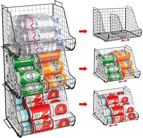 Stacking Can Dispensers 3 Tier with 3 Divider, Large Pantry Can Organizer, Beverage Drink Pop Soda Can Storage Basket, Can Holders for Pantry, Canned Food Rack Wire Bins for Kitchen Cabinet (3-Pack)