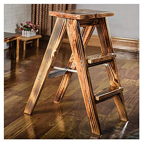 MFLASMF Step Stool,Wood Folding Ladder Stool,Multifunctional Stepladder,Solid Wood Dining Table High Stool, Kitchen Chair Portable Light Garden Tool Ladder,Vintage Color,26×32×50Cm