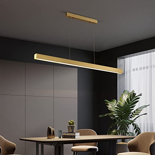 DDYY LED Pendelleuchte Dimmbar mit Fernbedienung Hängelampe linear langStreifen Höhenverstellbar Pendellampe Hängeleuchte für Esstisch Esszimmer Wohnzimmer Konferenzraum Büro lampe (Gold, 150cm/60w) …