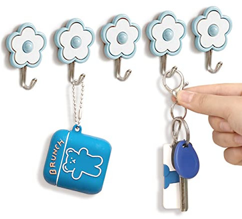 Ristpal [5 Stück] Niedliche Blumenmuster-Haken, robust, bis zu 2,3 kg, wasserdicht und ölfest. Hängender Schlüssel. Zum Aufkleben an Wand, Küche, Badezimmer, Decke oder Bürofenster, Blau