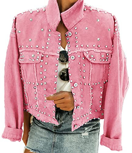 Omoone Damen Langarm Nieten Nieten Nieten Denim Jacke Casual Washed Pearl Short Jeans Mantel, Pink, S