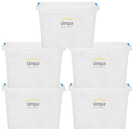 80 Litre 80L Stackable Plastic Storage Box with Clear Click Lock Closure Lid - 39cm (H) x 58cm (L) x 40cm (W) - Set of 5