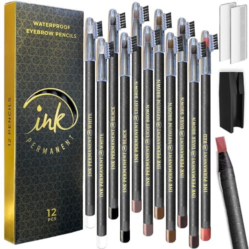 Ink Permanent wasserfeste Augenbrauen-Mapping-Stifte für Permanent-Make-up, Microblading, 12-teiliges Brow-Mapping-Peel-Off-Stift-Set mit Former/Anspitzer (Mix)