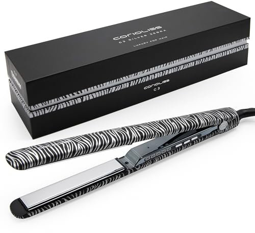 Corioliss C3 | Plancha del pelo Profesional | Placas extralargas de titanio | Alisado y Ondas | Temperatura ajustable 135º-235º | Calentamiento 20 seg | Con funda de Viaje | Zebra Silver