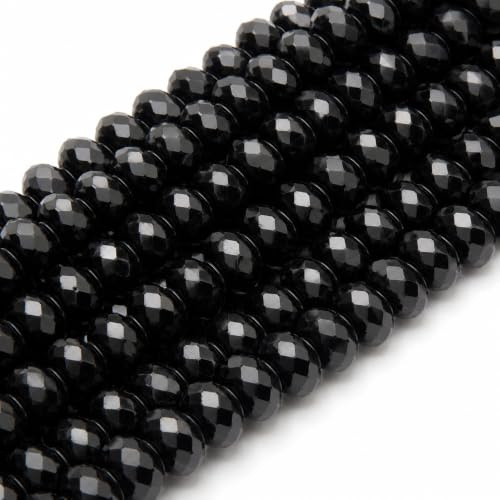 Perlin 65 Stück Tschechische Glasrondellen 8x6 mm facettiert Schwarz | Böhmisch gefertigte Schliffperlen am Strang mit Hochglanz für Herrenschmuck Gothic-Looks Abendmode und elegante DIY-Ideen