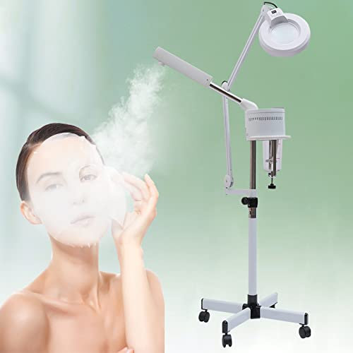 2 in 1 Facial Steamer Professionelle Gesichtsdampfer mit 5X LED Lupenleuchte Dampfgerät Bedampfer Gesichtssauna Dampf Maschine Salon Ozon Luftbefeuchter für Home Spa Schönheit Höhenverstellbar, Weiß