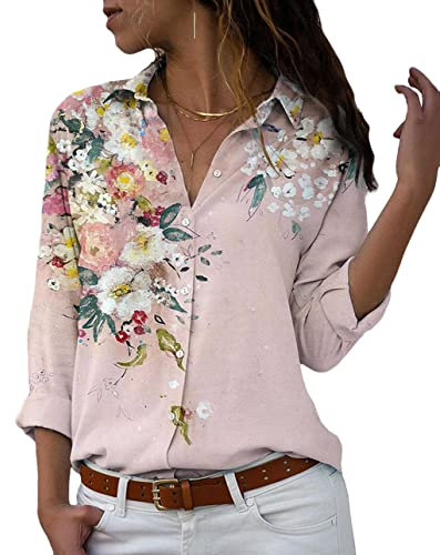 ORANDESIGNE Chemisier à Fleurs Femme Manches Longues Shirt Chemise Amples Classique Chic Boutonné Col en V Tunique Hauts Décontractés élégante Tops Blouse Bureau Travail A Rose S