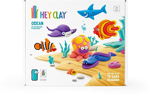 Hey Clay Ocean Modelliermasse, Basis-Set Ocean, 6er Pack mit 15 Farben, 6 Fische mit 2 Werkzeugen, ungiftig
