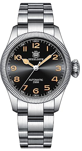 Burnside Steeldive SD1906, Armbanduhr Herren, Pilotenmünzen-Lünette, geschnitzt, NH35, Saphir, Lume, Armband, BNIB, Schwarz