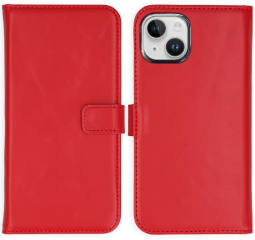 SELENCIA Bookcase Hülle kompatibel mit iPhone 15 – Era Leder Handytasche Side Flip Case – Handyhülle aus Rindsleder in Rot [3 Kartenfächer, Magnetverschluss]