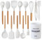 Country Kitchen Non Stick Silicone Utensil Set with Rounded Wood Handles for Cooking and Baking, 14 Piece Set, White