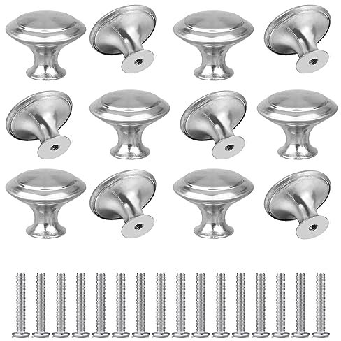 YSDMY 12 Pcs Silver Round Cabinet Door Knobs, 30mm Cupboard Drawer Handles with Screws, Steel Furniture Knobs for Drawers