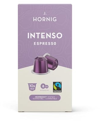 J. Hornig Intenso Espresso, Nespresso®-kompatible Aluminium-Kaffeekapseln, 80 Stück (8x10), kräftig & säurearm, Noten von Pekannuss & Melasse, Stärke 4/5, Fairtrade