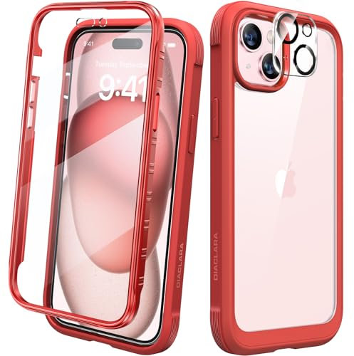 Diaclara Designed for iPhone 15 phone Case, Full Body Rugged Case with Built-in Touch Sensitive Anti-Scratch Screen Protector, with Camera Lens Protector for iPhone 15 6.1 (Red)
