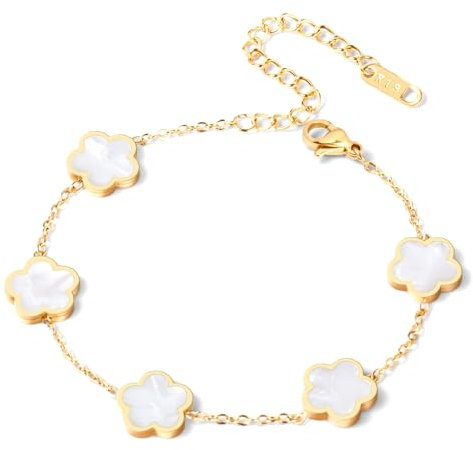 Ucevi Dainty Gold Chain Bracelet for Women 18K Gold Plated Flower Five Clover Bracelets for Women Christmas Gifts, Dainty, Stainless Steel, no gemstone