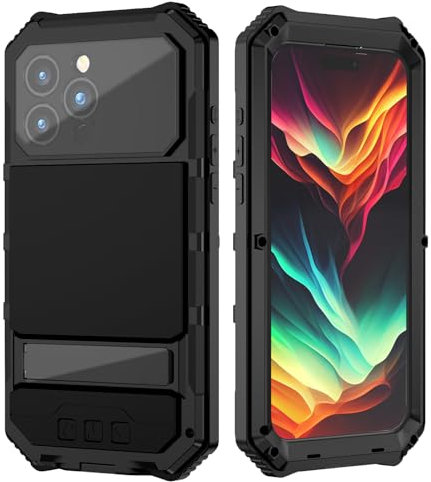 MIYIYQP Compatible for iPhone 15 Pro Max 5G Case, Aluminum Metal Gorilla Glass Shockproof Heavy Duty Sturdy Protector Cover,with Sliding Camera Cover and Built-in Foldable Kickstand (Black-Ⅲ)