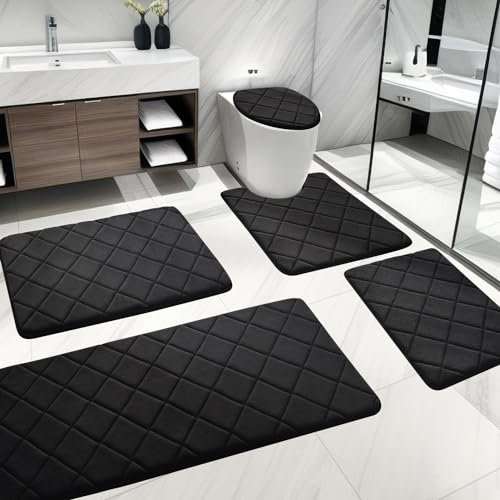 YIHOUSE Badezimmerteppich-Set, 5-teilig, weich, rutschfest, Memory-Schaum, maschinenwaschbar, Badezimmermatten-Set, wasserabsorbierende Badteppiche für Toilette und Boden (schwarz)