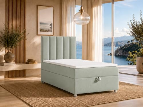 Best For Home Trinity K10 Boxspringbett 100x200 | Stauraum mit Topper | Einzelbett mit Bonell Federkernmatratze H3, Hoher Schlafkomfort, Gepolstertes Kopfteil, Modernes Bett Design und Bettkasten