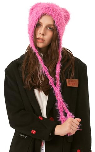 LumiSyne Wintermütze Für Damen Mädchen Stricken Ohrenklappe Hut Niedliche Katzenohr Form Trendy y2k Style Pelzige Strickmütze Mit Bunten Tupfen Langen Ohrriemen Warme Peruanische Beanie Foto Requisite