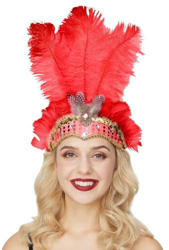 Novelty Karneval-Kopfschmuck mit Federn, Feder Kopfschmuck Federschmuck Gold-schwarz, Brasilianischer Feder Kopfschmuck Karneval Federkopfschmuck Tänzerin Federkopfschmuck Karneval (Red, One Size)