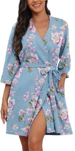 PrinStory Womens Dressing Gown Waffle Soft Kimono Robe V-Neck Short Knit Bathrobe Nightwear Sleepwear For All Seasons (Floral Print Robes Light Blue, L)
