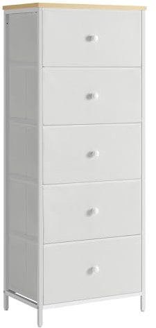 SONGMICS Commode, Meuble de Rangement pour Chambre, Colonne de Rangement en Tissu avec 5 Tiroirs, Cadre en Métal, Blanc et Couleur Boisée LTS315W01