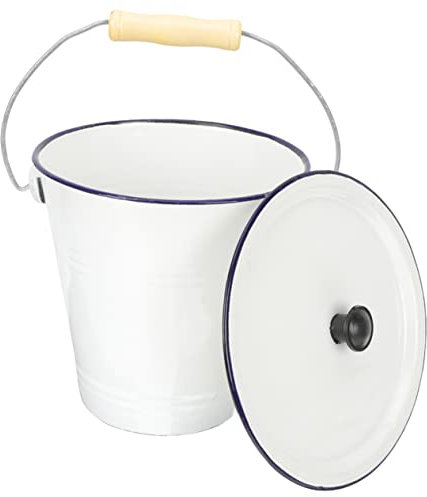 COLLBATH 9L Large Enamel Bucket Lid Milk Storage Pail White Enamelware Metal Bucket for Laundry Room
