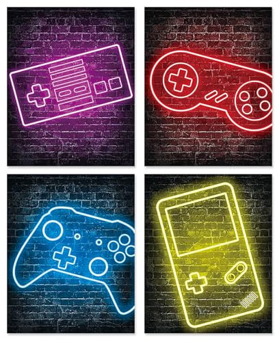 Neon Gaming Posters Wall Decor, 8x10 Inch Canvas Prints Unframed Set of 4, Gamer Room Decor for Boys Cool Art Poster