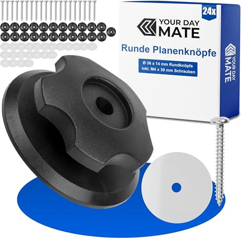 Boutons de bâche Ronds à Visser, 24 pcs, vis INOX M4 x 30 mm incluses, Autocollants, Ø 36 x 14 mm Boutons Ronds pour élastiques de Tension des Filets de remorques, bâches