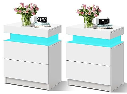 ELFORDSON Set of 2 LED Bedside Tables with 2 Drawers, 4 Sides High Gloss Bedside Cabinets with 16 Colours, End Tables Nightstand for Bedroom Living Room, White