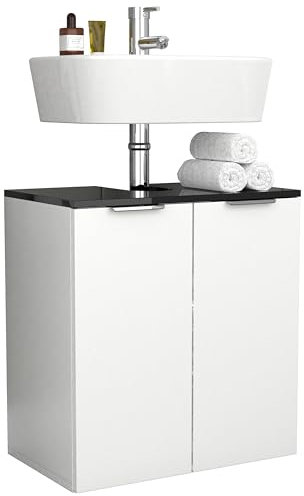 VCM Holz Waschbeckenunterschrank | Badschrank | Maße: H. 60 x B. 56 x T. 34 cm | 2 große Drehtüren - Donali Weiß/Schwarz