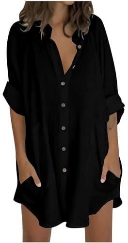 Keepink Womens Tops Oversized Cotton Linen Button Up Shirts Summer Casual Blouse Roll-Up Sleeve Tops Extra Long Top with Pockets Hawaii Beach Cover Up Ladies Clothes
