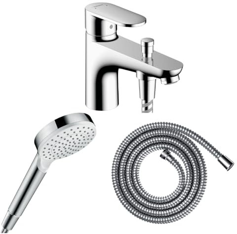 Hansgrohe Pack mitigeur Bain Douche monotrou Vernis Blend + Flexible Metaflex + Pommeau Crometta Blanc/chromé